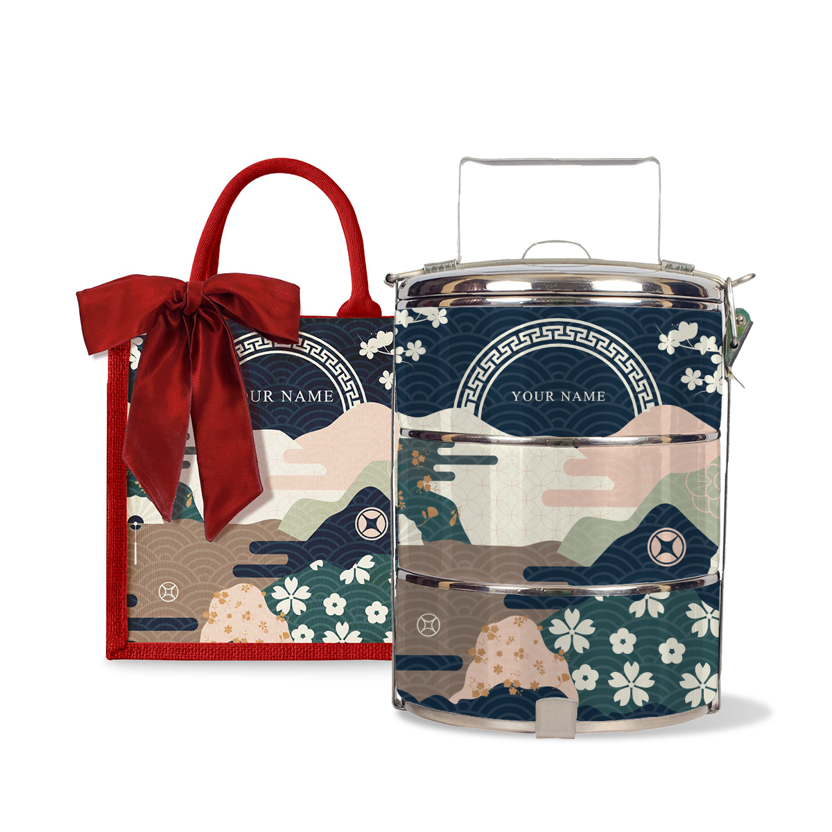 Fortune Garden (Navy Design) - Lunch Tote Bag with Three-Tier Tiffin Carrier