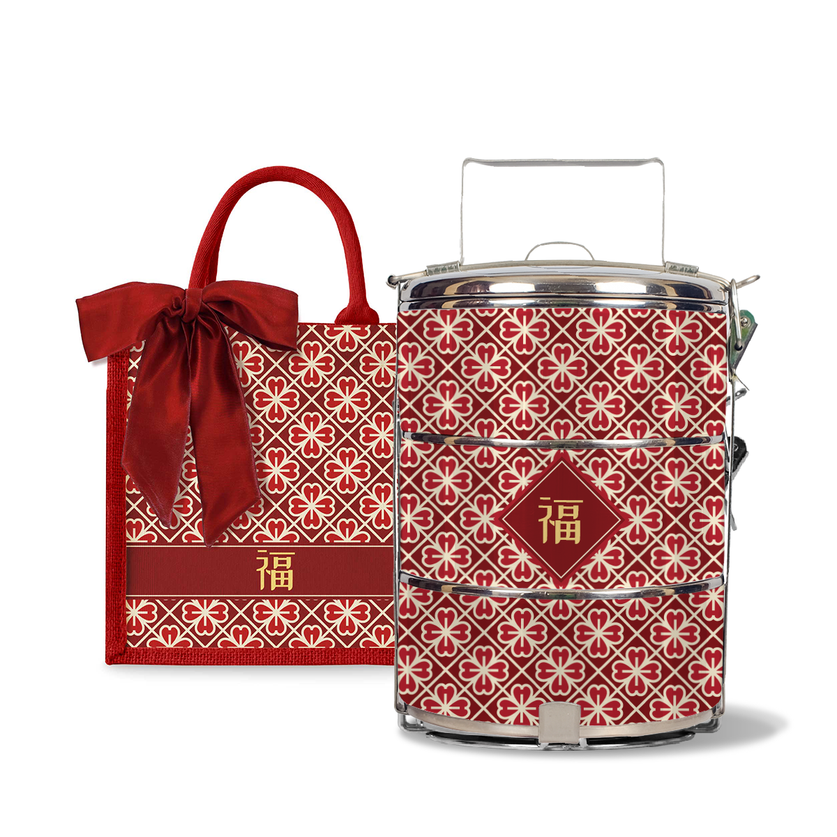 Lucky Jade (Red Design) - Lunch Tote Bag with Three-Tier Tiffin Carrier
