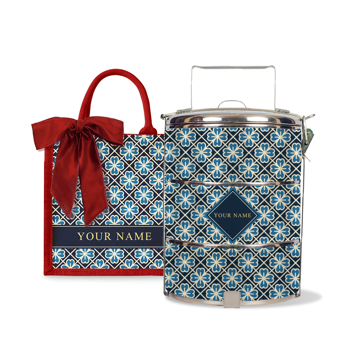 Lucky Jade (Navy Design) - Lunch Tote Bag with Three-Tier Tiffin Carrier