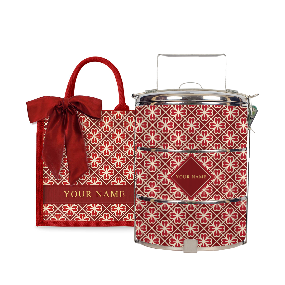 Lucky Jade (Red Design) - Lunch Tote Bag with Three-Tier Tiffin Carrier