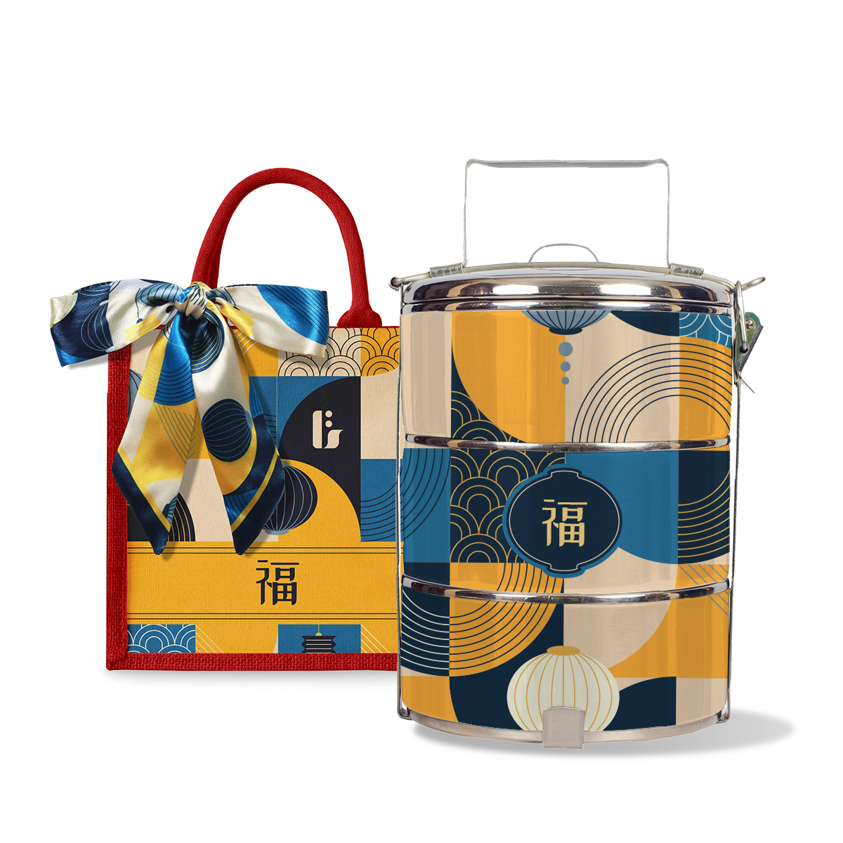 Lunar Blessing (Navy Design) - Lunch Tote Bag with Three-Tier Tiffin Carrier