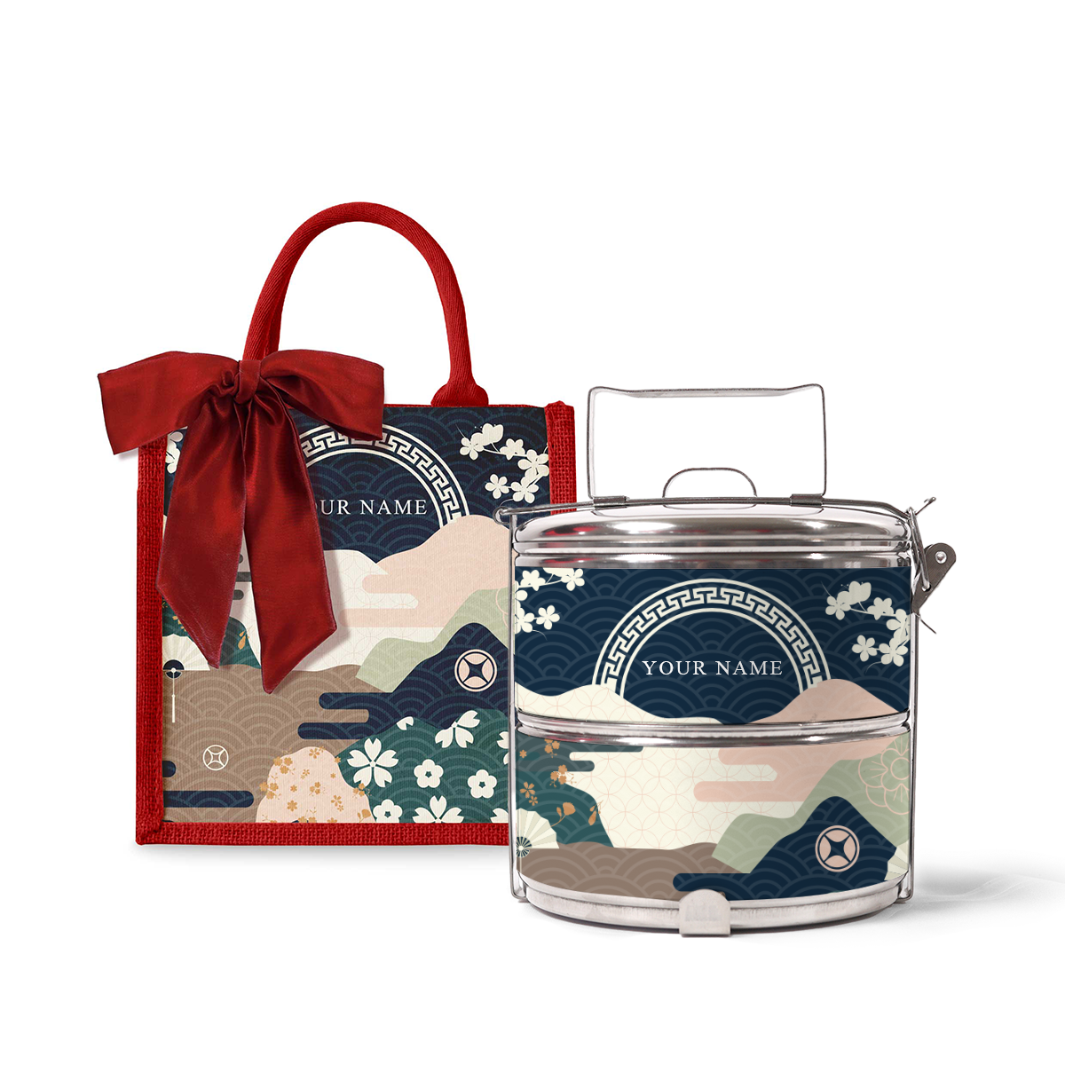 Fortune Garden (Navy Design) - Lunch Tote Bag with Two-Tier Tiffin Carrier
