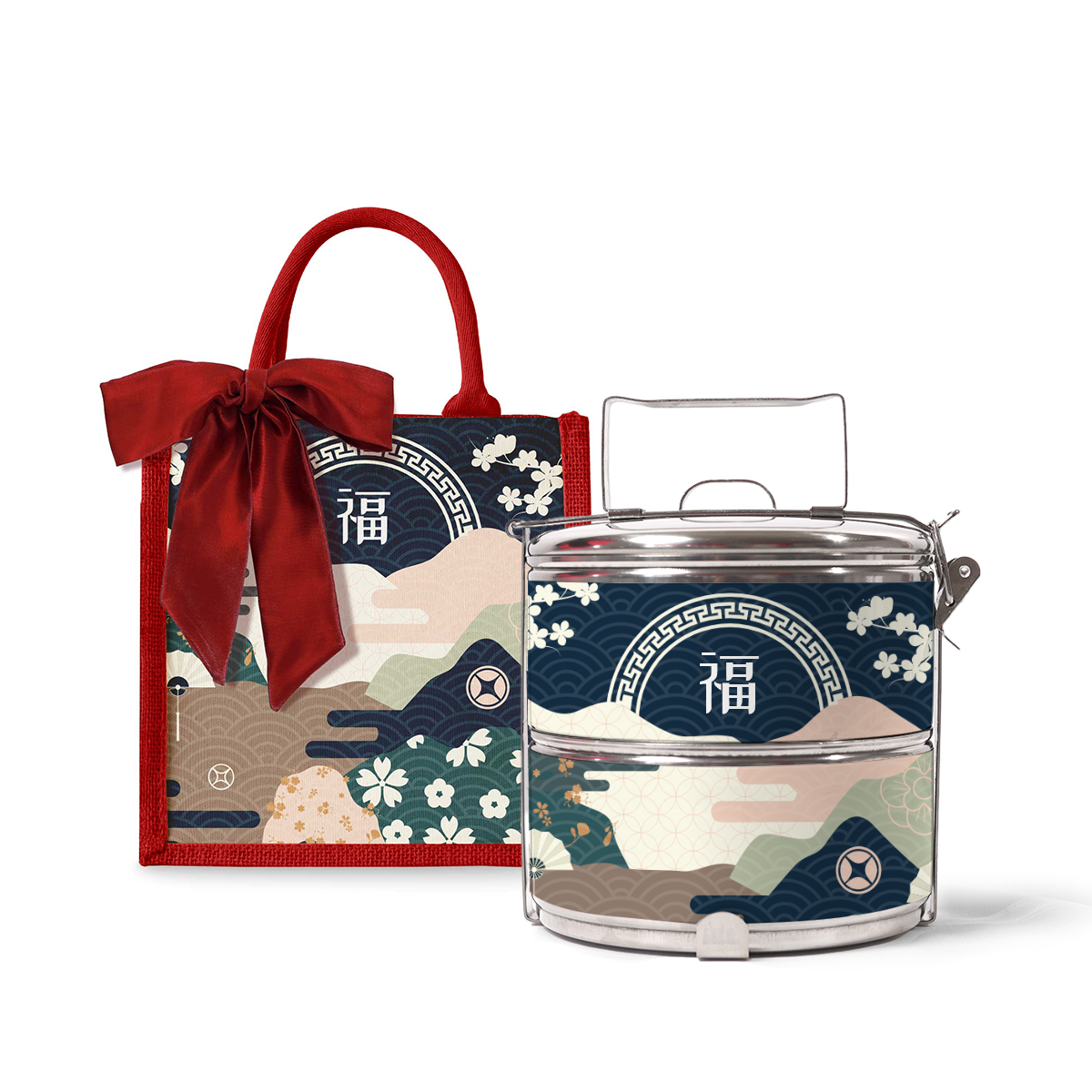 Fortune Garden (Navy Design) - Lunch Tote Bag with Two-Tier Tiffin Carrier