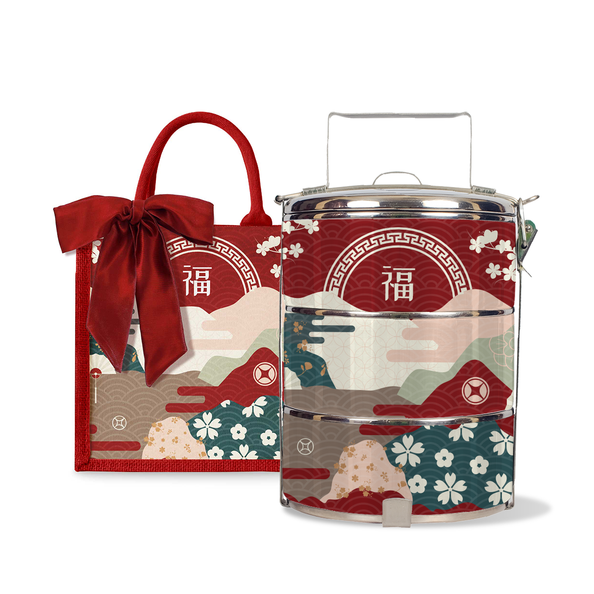 Fortune Garden (Red Design) - Lunch Tote Bag with Three-Tier Tiffin Carrier