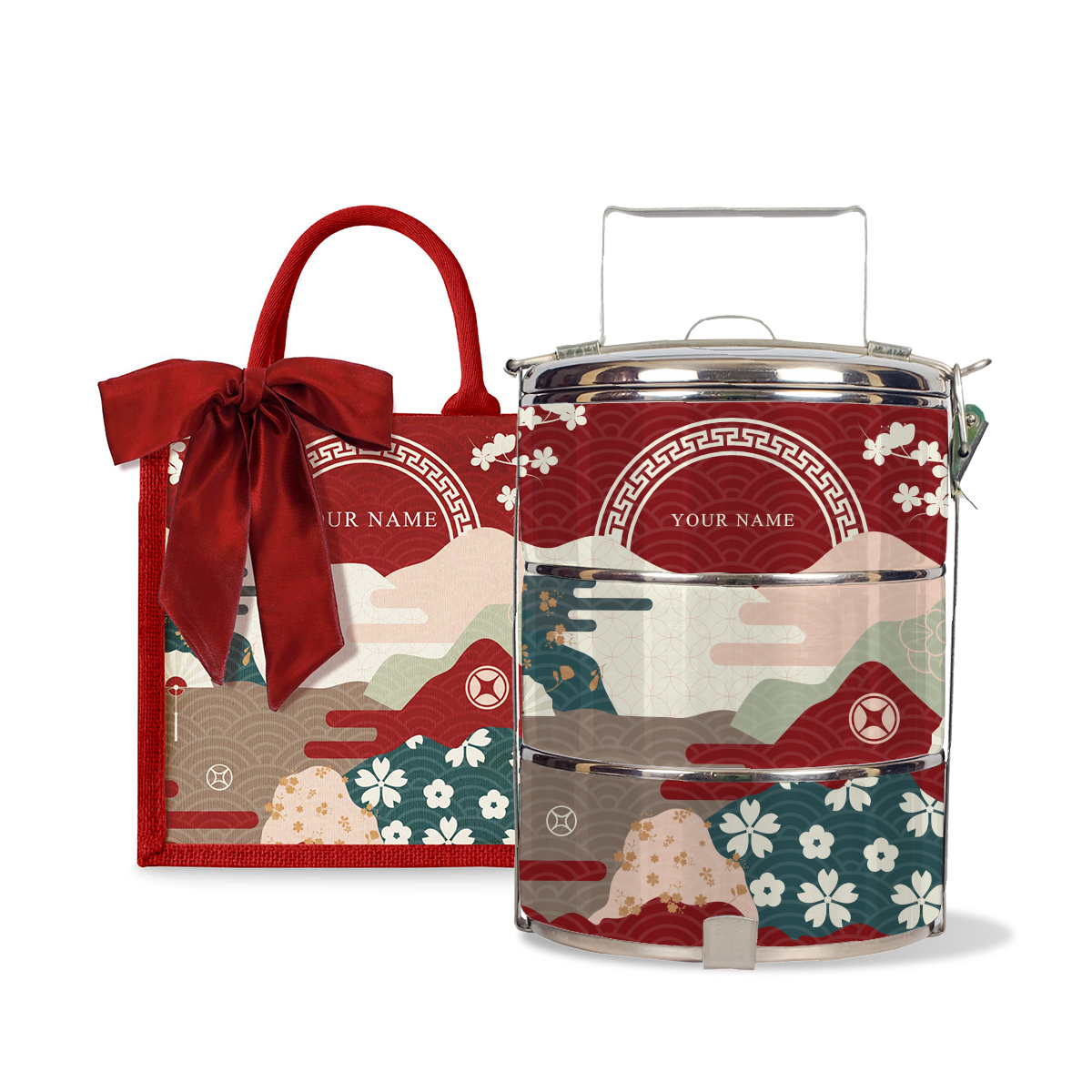 Fortune Garden (Red Design) - Lunch Tote Bag with Three-Tier Tiffin Carrier