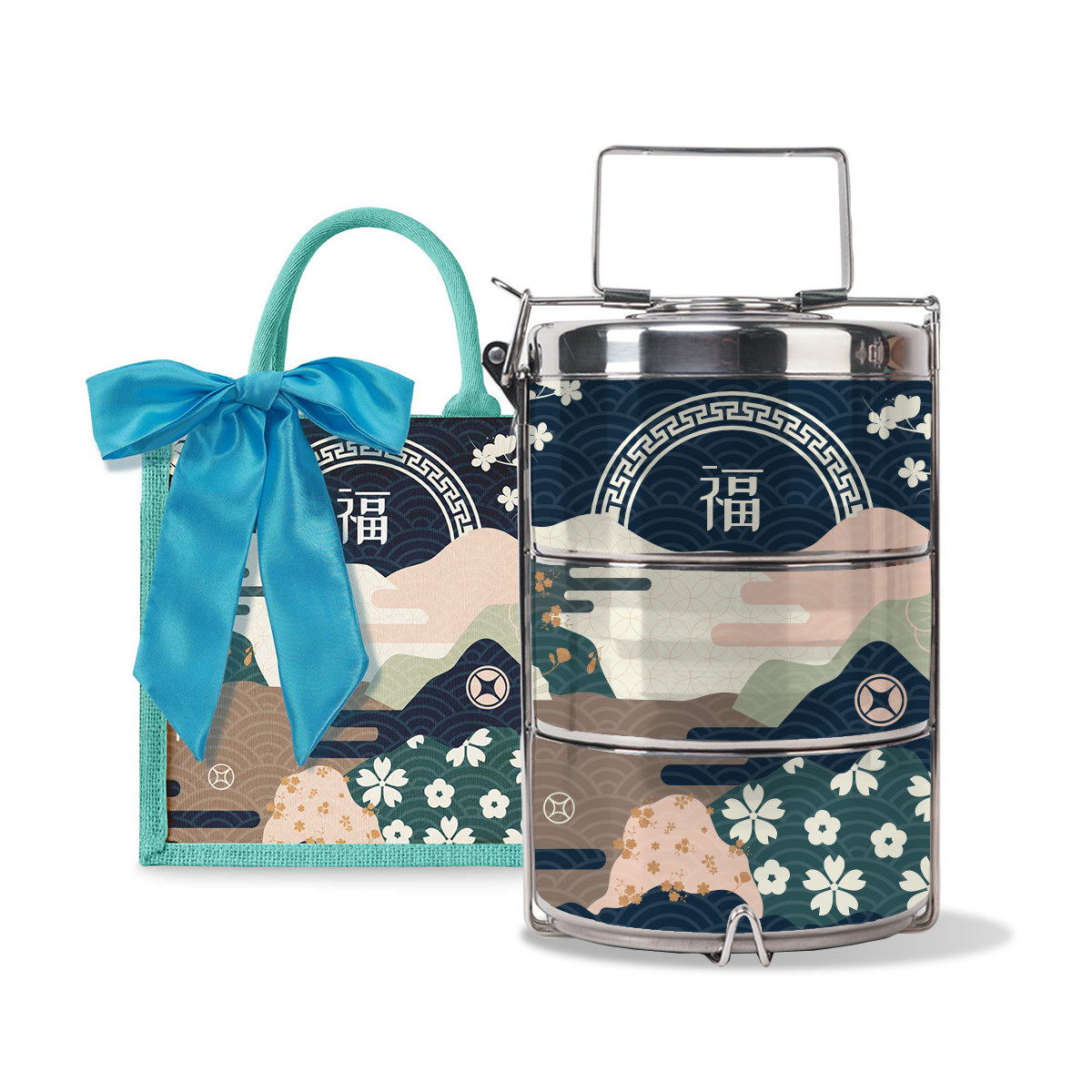 Fortune Garden (Navy Design) - Lunch Tote Bag with Three-Tier Tiffin Carrier