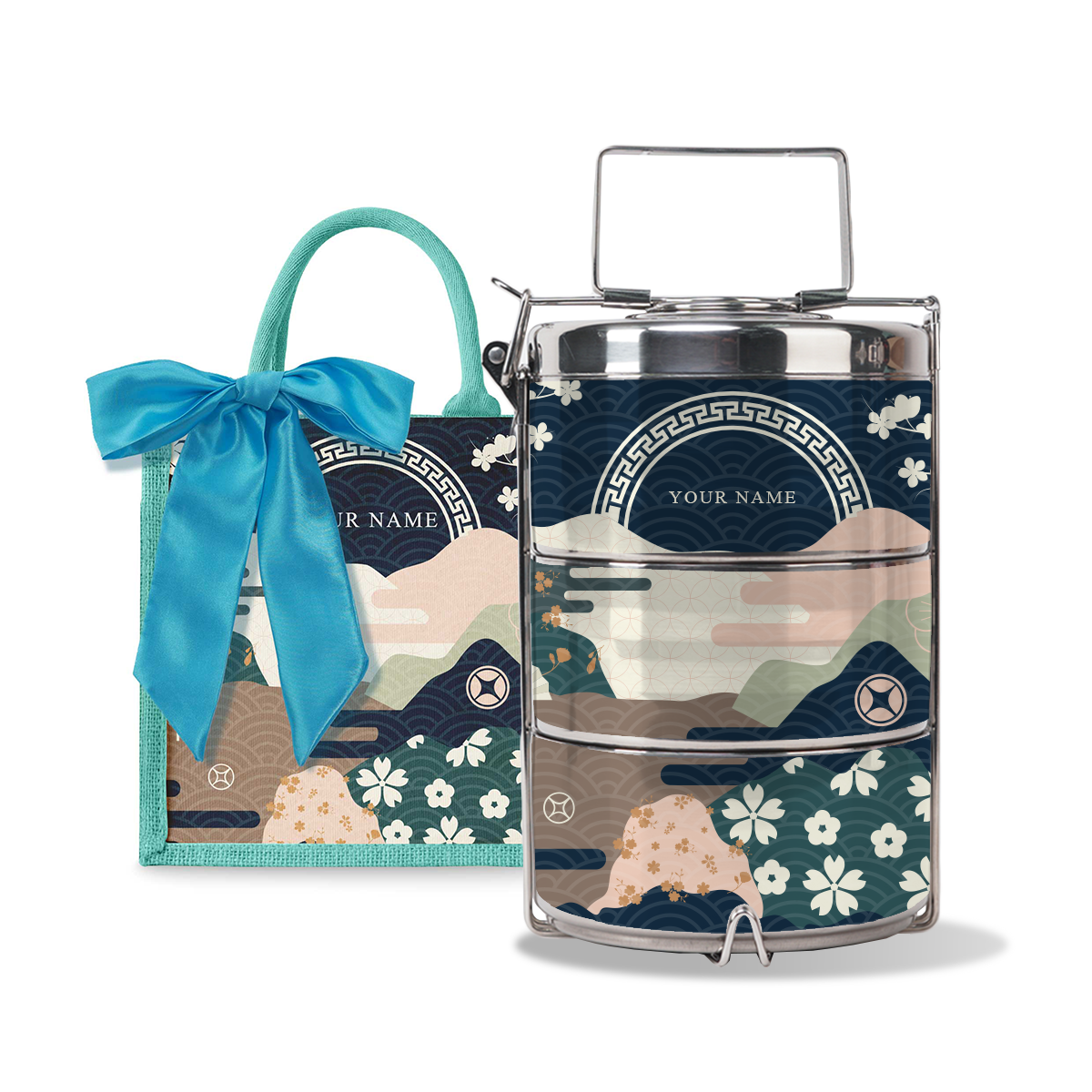 Fortune Garden (Navy Design) - Lunch Tote Bag with Three-Tier Tiffin Carrier
