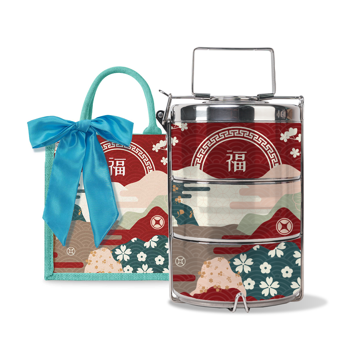 Fortune Garden (Red Design) - Lunch Tote Bag with Three-Tier Tiffin Carrier