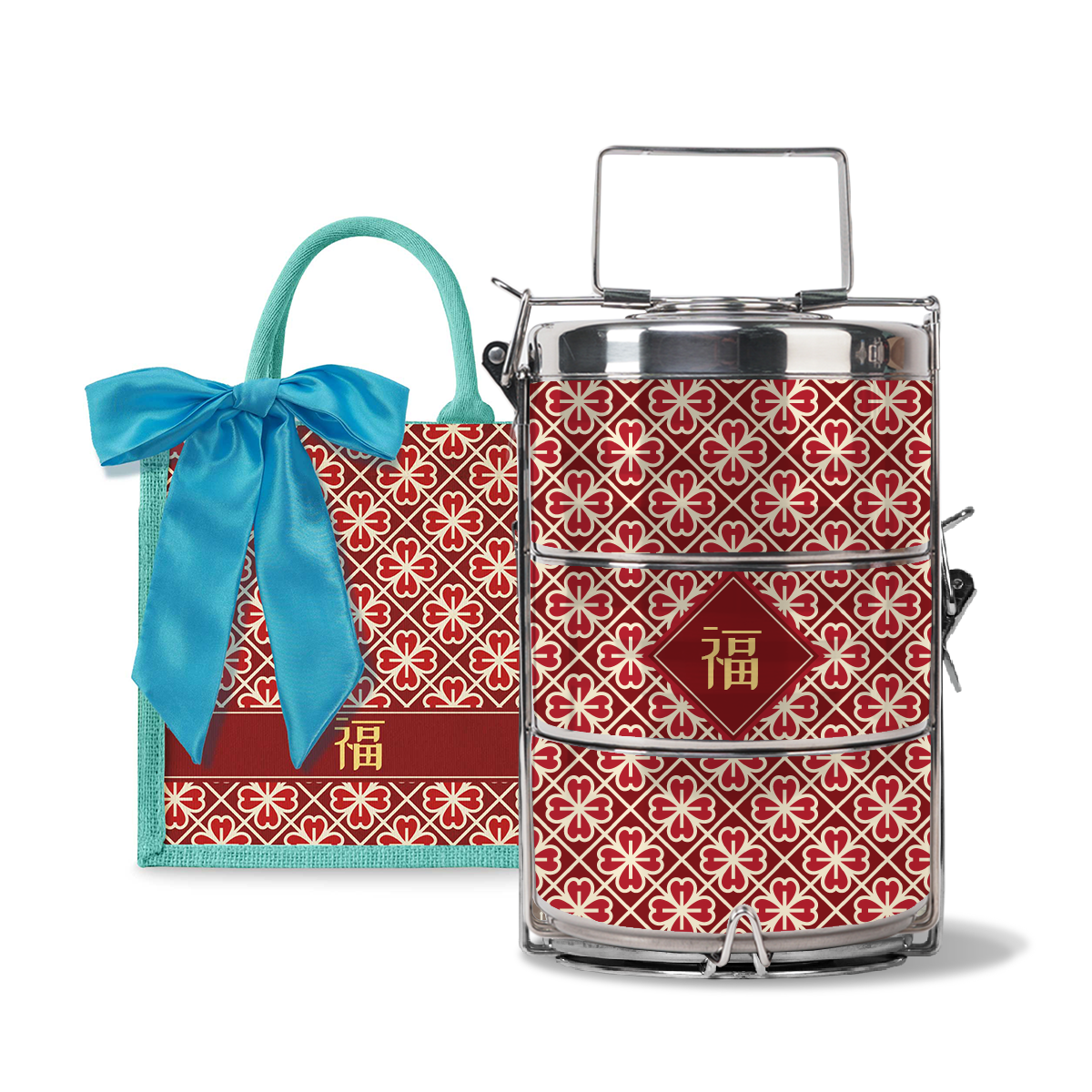 Lucky Jade (Red Design) - Lunch Tote Bag with Three-Tier Tiffin Carrier