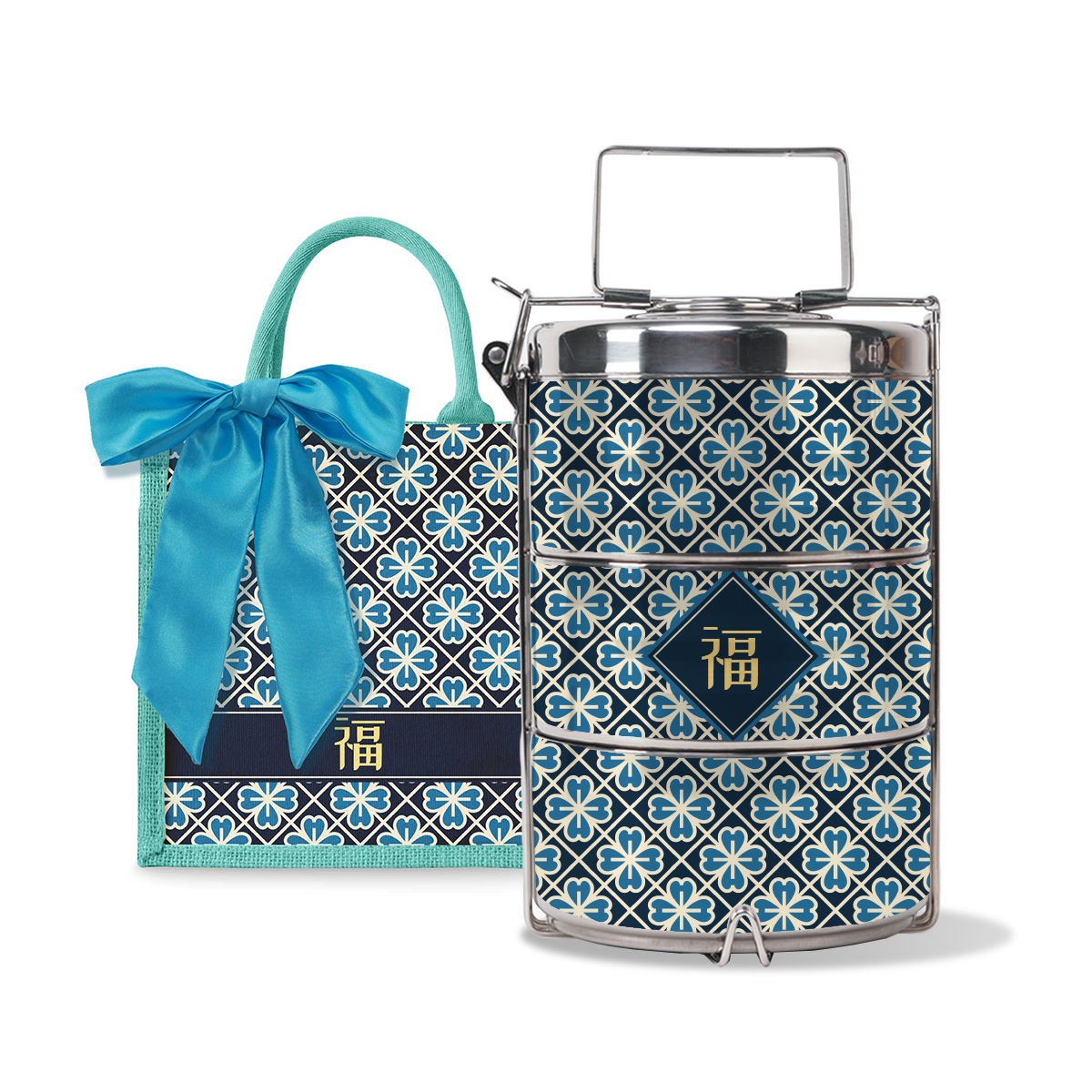 Lucky Jade (Navy Design) - Lunch Tote Bag with Three-Tier Tiffin Carrier