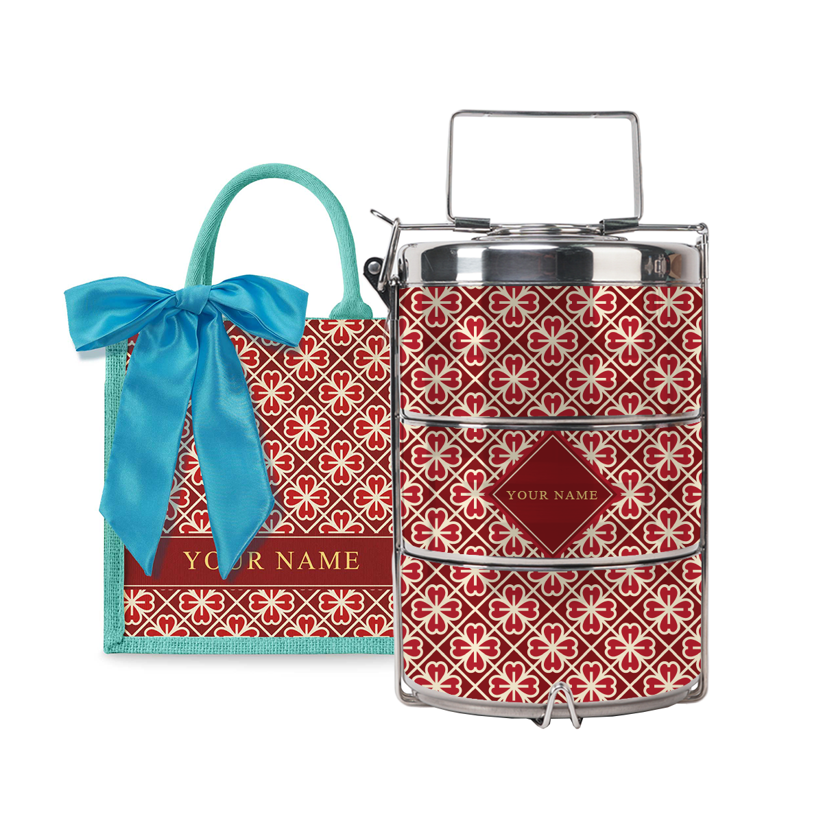 Lucky Jade (Red Design) - Lunch Tote Bag with Three-Tier Tiffin Carrier