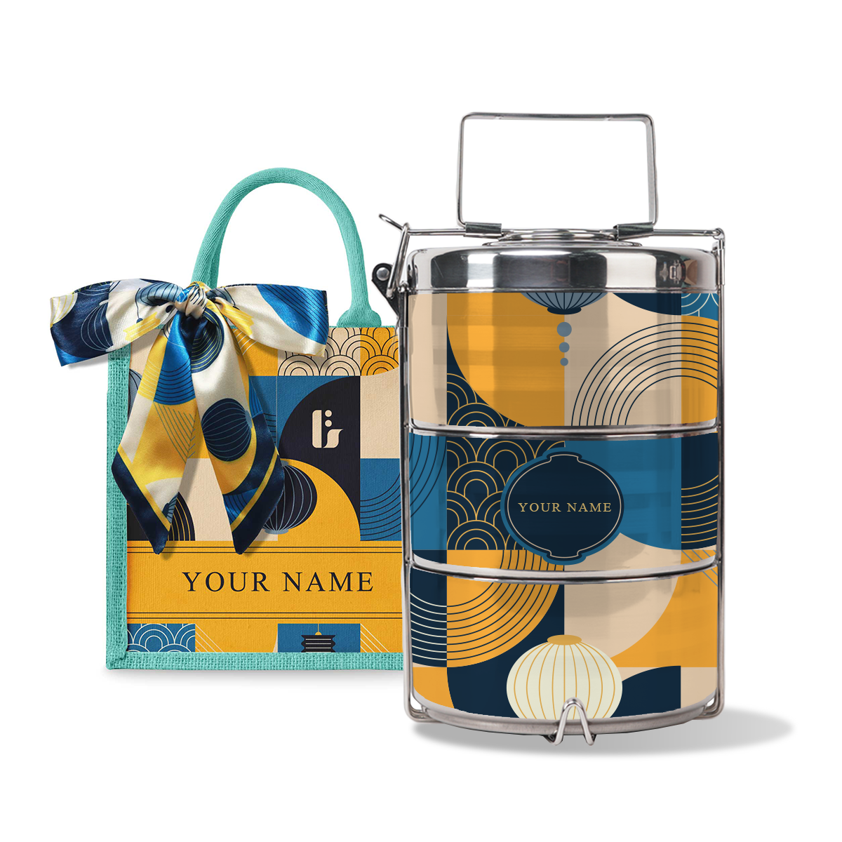 Lunar Blessing (Navy Design) - Lunch Tote Bag with Three-Tier Tiffin Carrier