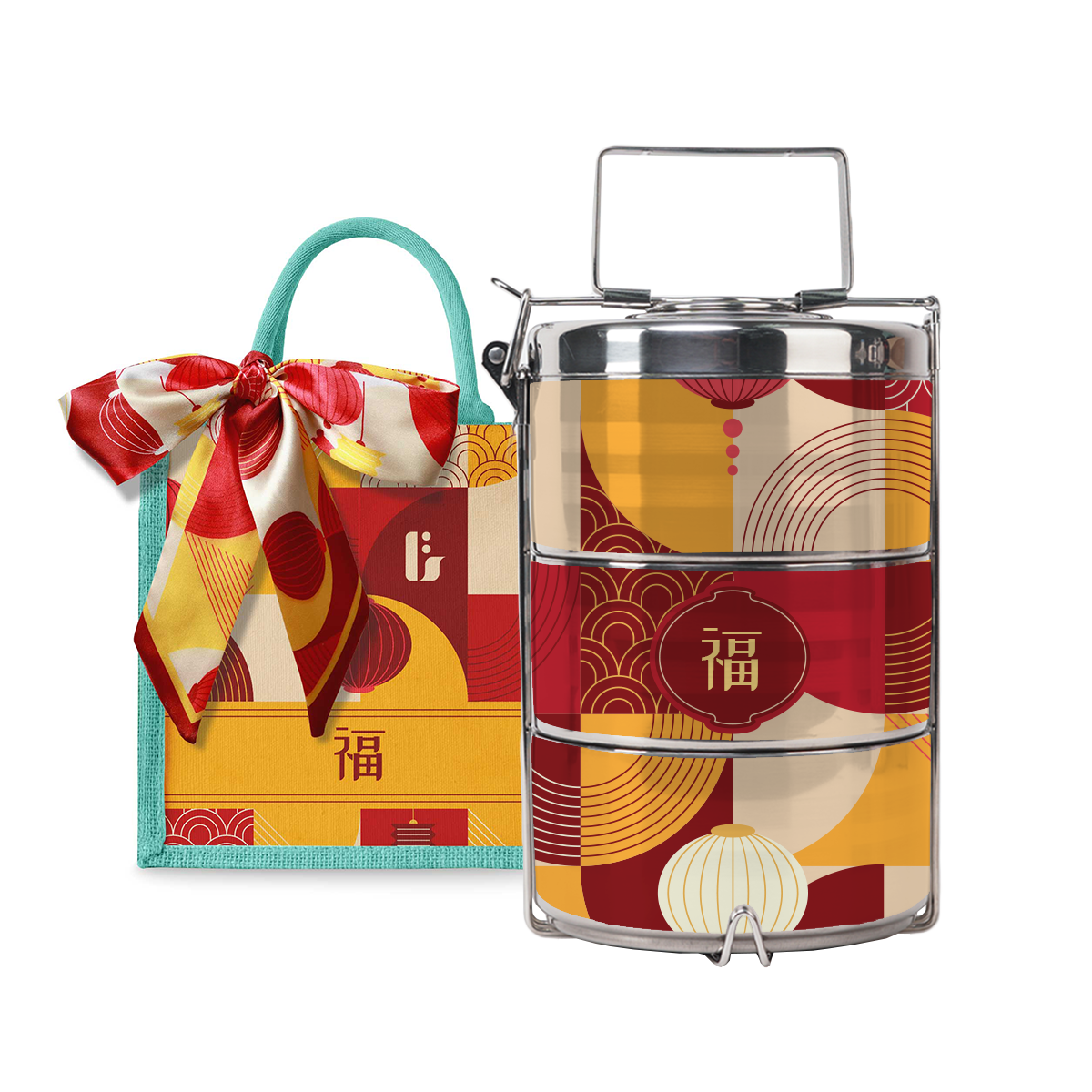 Lunar Blessing (Red Design) - Lunch Tote Bag with Three-Tier Tiffin Carrier