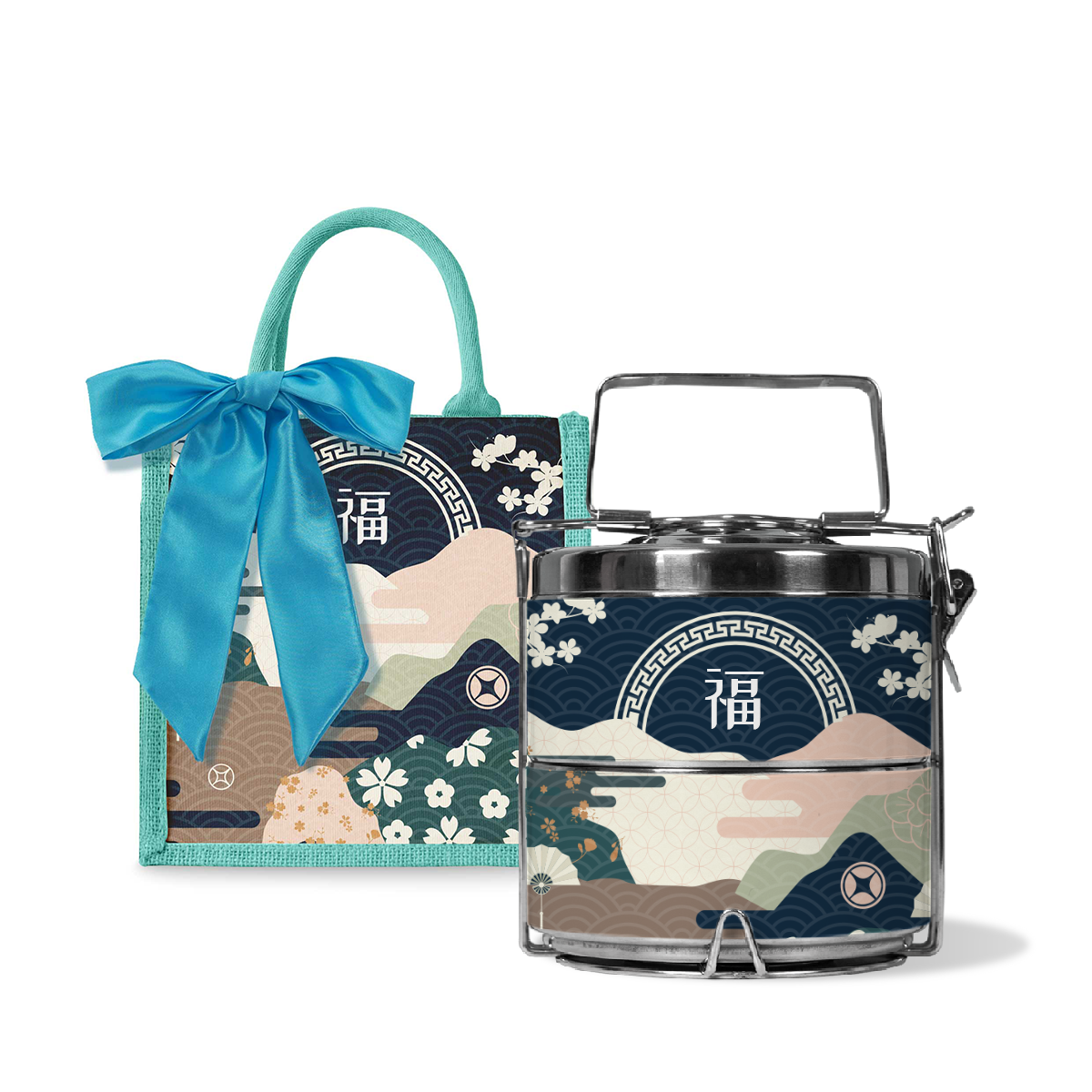 Fortune Garden (Navy Design) - Lunch Tote Bag with Two-Tier Tiffin Carrier