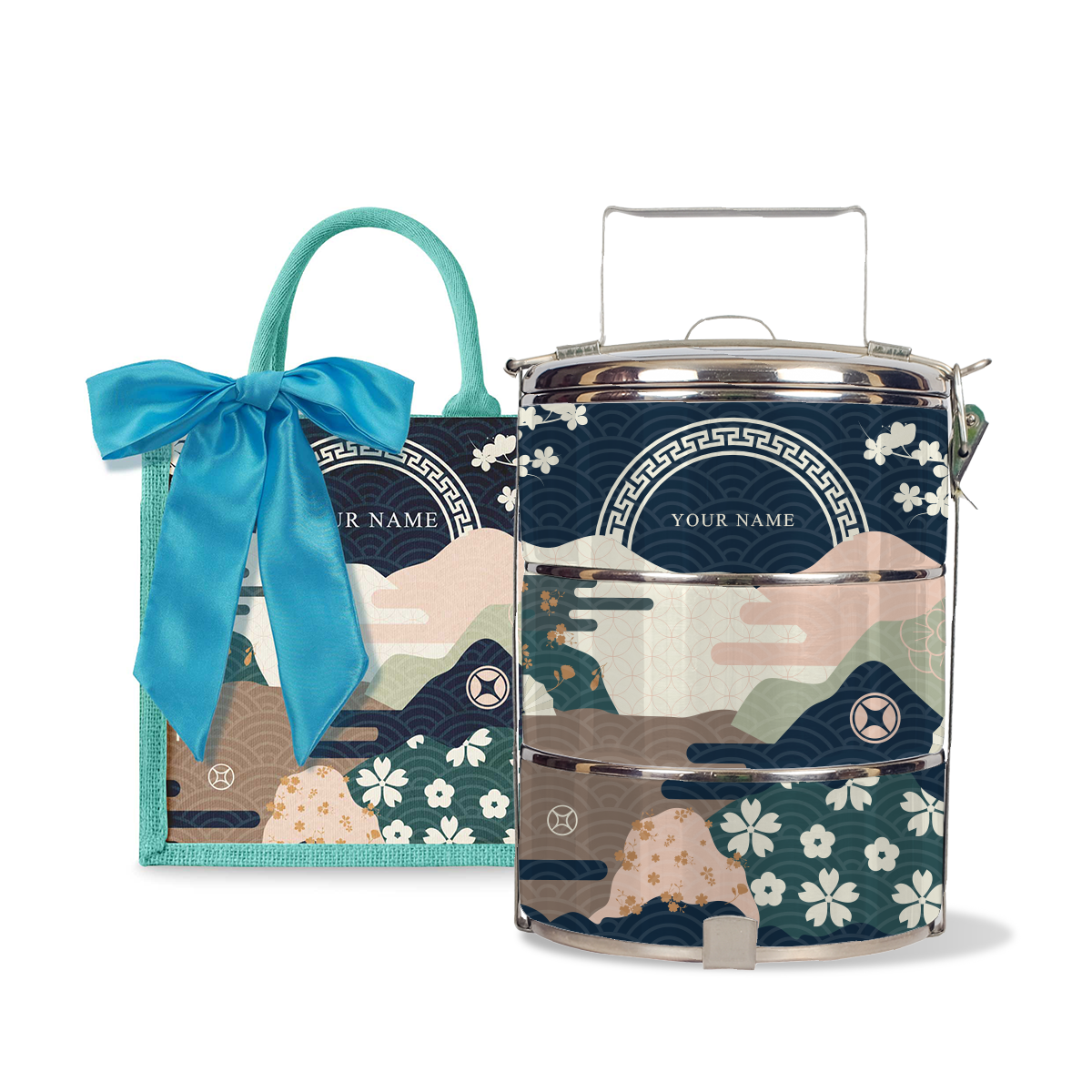 Fortune Garden (Navy Design) - Lunch Tote Bag with Three-Tier Tiffin Carrier