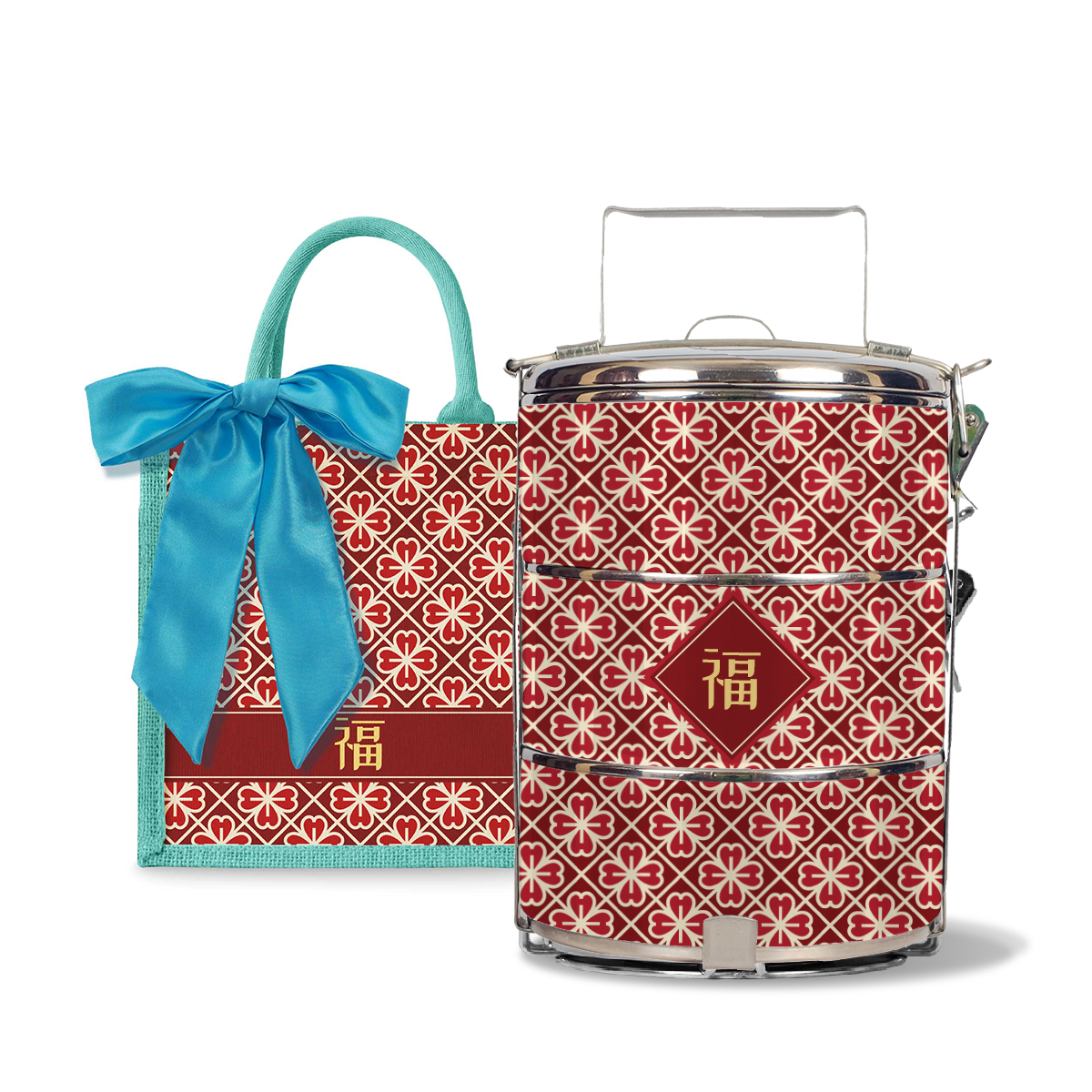 Lucky Jade (Red Design) - Lunch Tote Bag with Three-Tier Tiffin Carrier