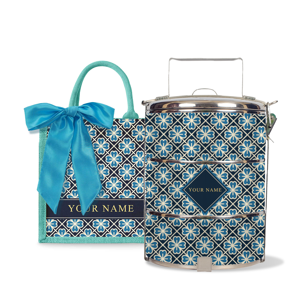 Lucky Jade (Navy Design) - Lunch Tote Bag with Three-Tier Tiffin Carrier