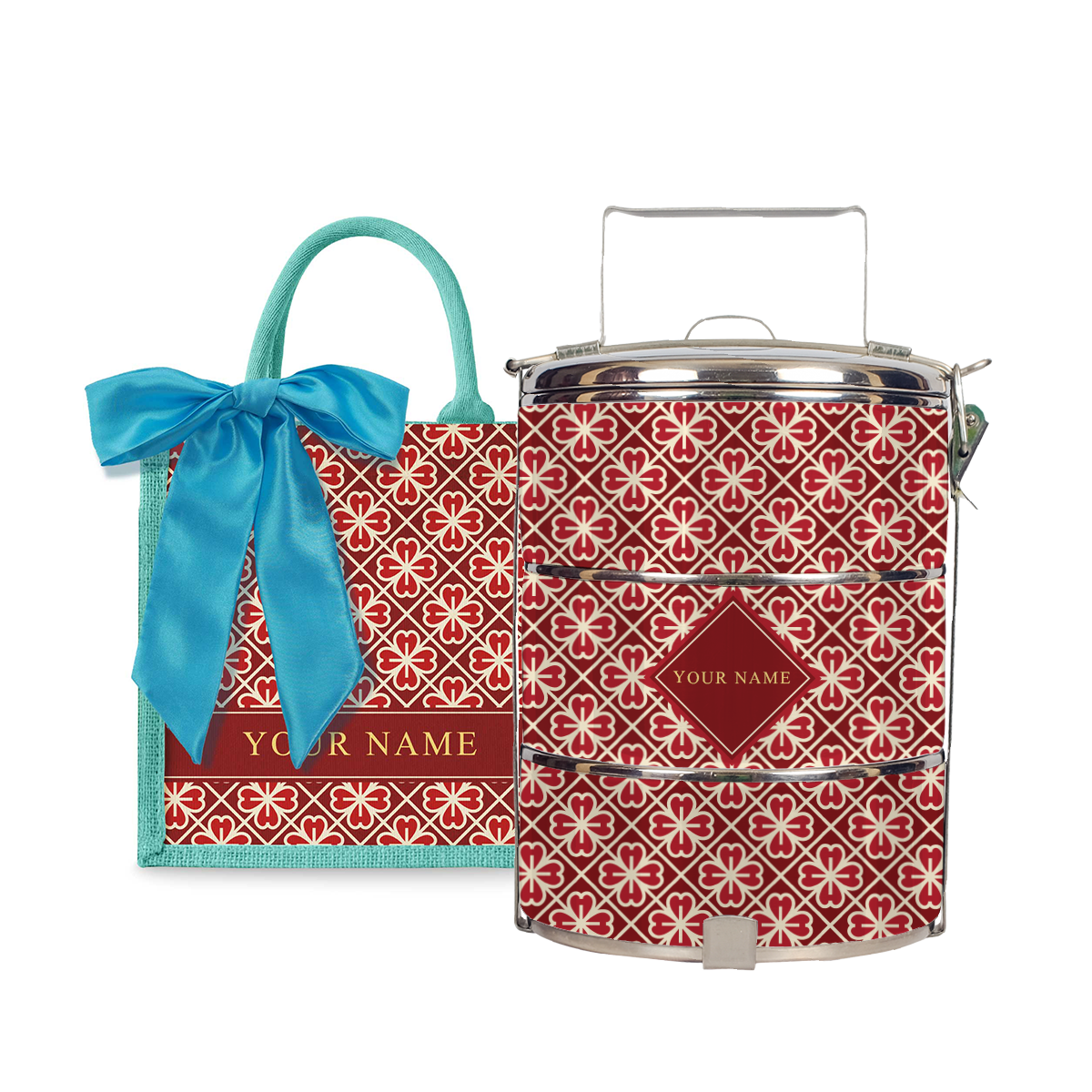 Lucky Jade (Red Design) - Lunch Tote Bag with Three-Tier Tiffin Carrier