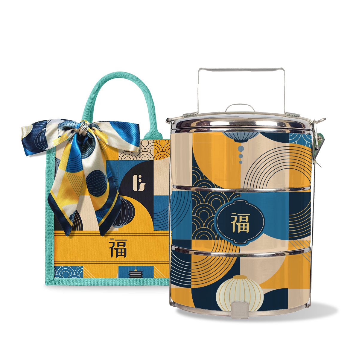 Lunar Blessing (Navy Design) - Lunch Tote Bag with Three-Tier Tiffin Carrier