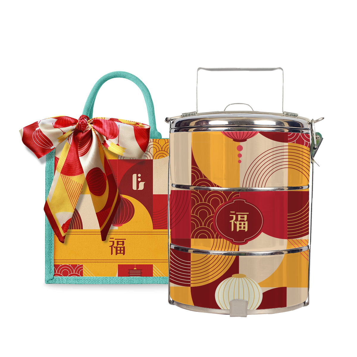 Lunar Blessing (Red Design) - Lunch Tote Bag with Three-Tier Tiffin Carrier