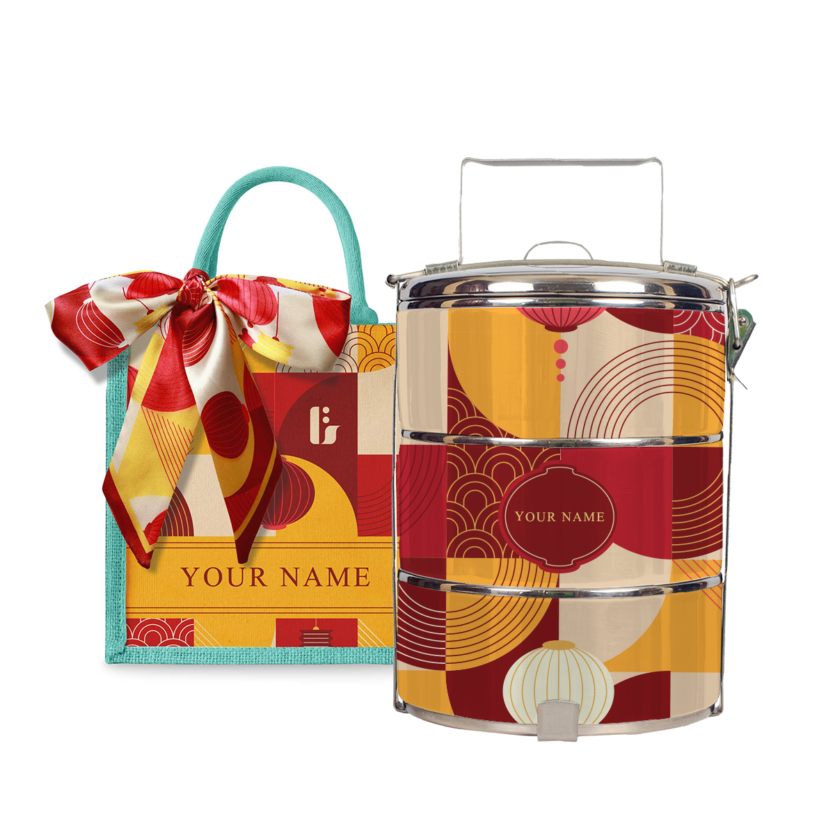 Lunar Blessing (Red Design) - Lunch Tote Bag with Three-Tier Tiffin Carrier