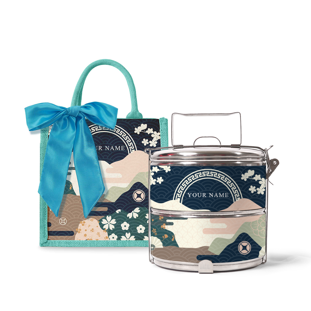 Fortune Garden (Navy Design) - Lunch Tote Bag with Two-Tier Tiffin Carrier