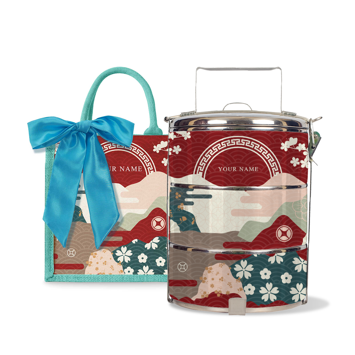Fortune Garden (Red Design) - Lunch Tote Bag with Three-Tier Tiffin Carrier