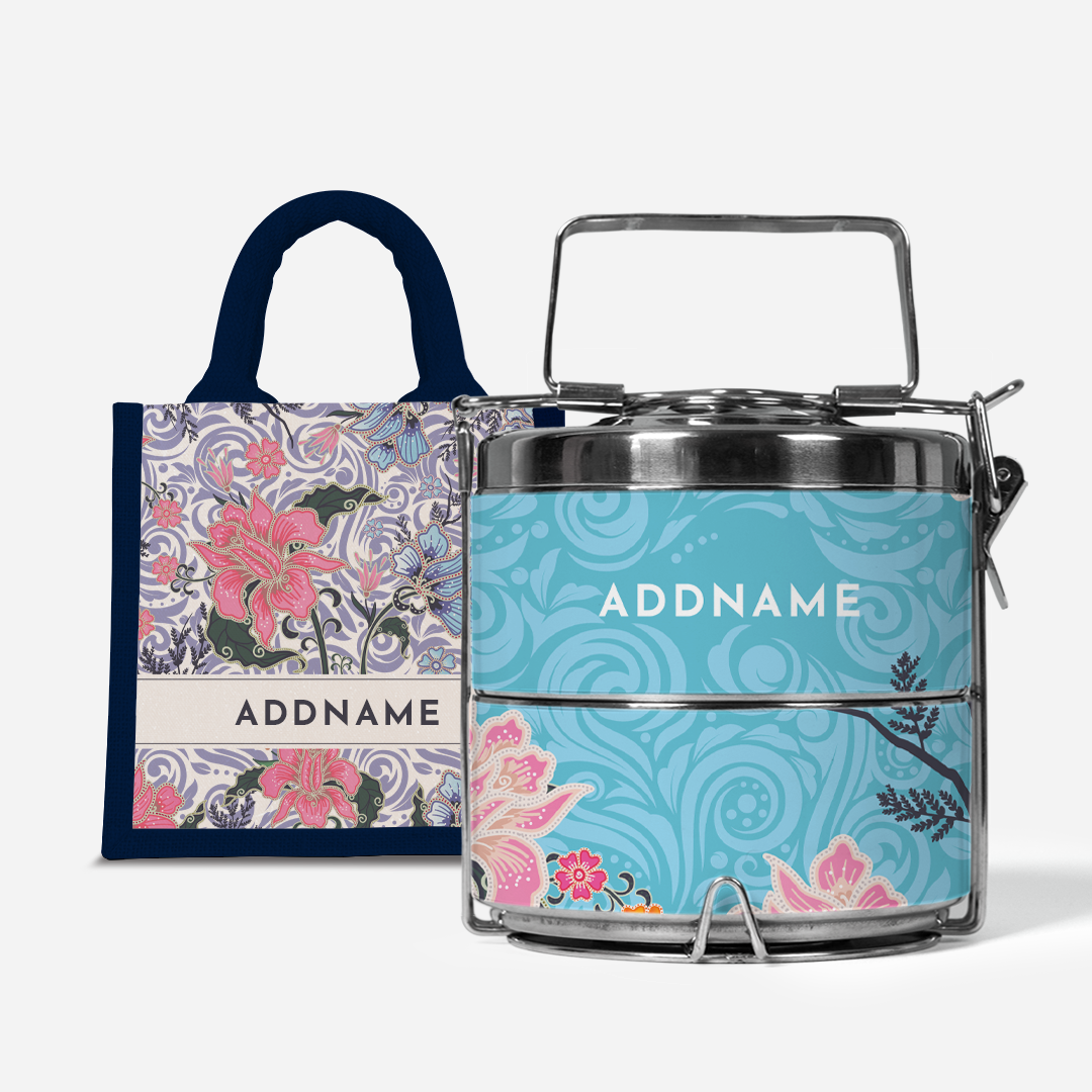 Modern Mahsuri Blue - Lunch Tote Bag with Two-Tier Tiffin Carrier