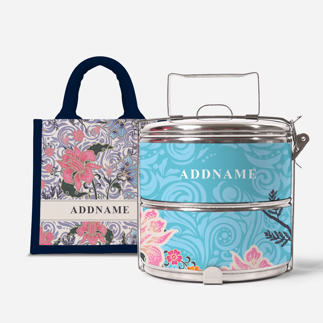 Modern Mahsuri Blue - Lunch Tote Bag with Two-Tier Tiffin Carrier