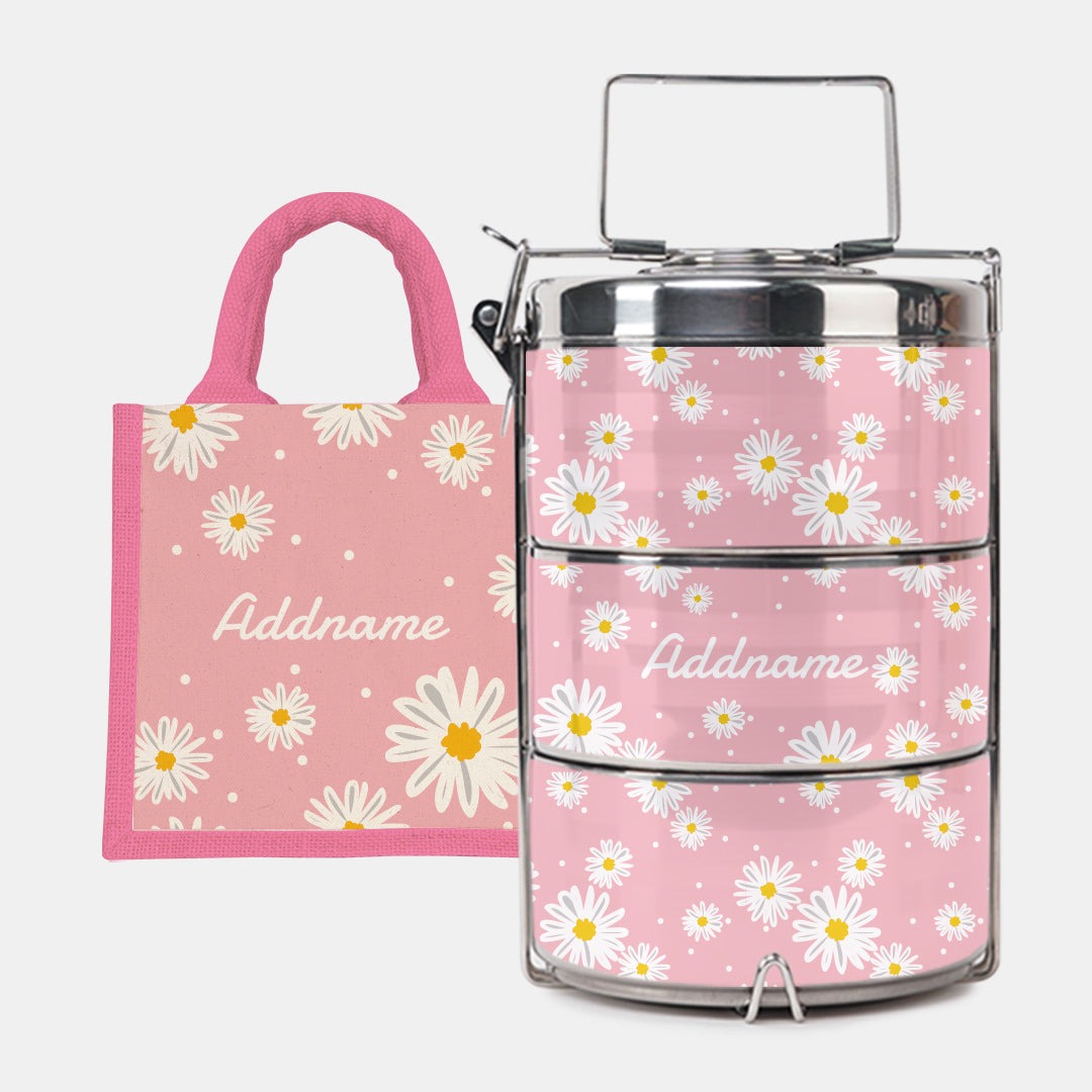 Daisy Series - Blush - Lunch Tote Bag with Three-Tier Tiffin Carrier