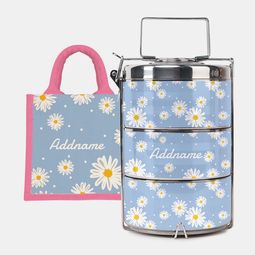 Daisy Series - Frost - Lunch Tote Bag with Three-Tier Tiffin Carrier