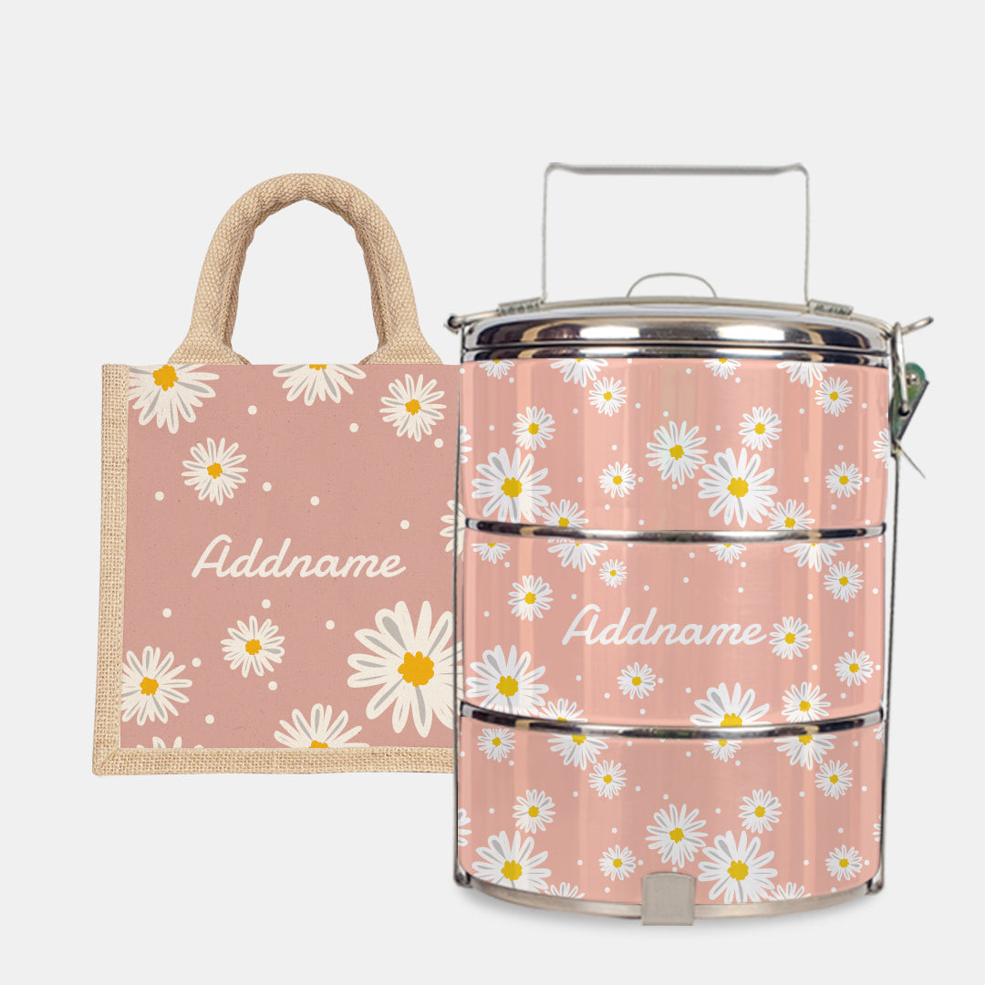 Daisy Series - Coral - Lunch Tote Bag with Three-Tier Tiffin Carrier