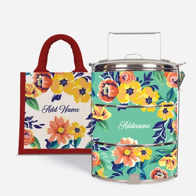 Deborah Series - Teal - Lunch Tote Bag with Three-Tier Tiffin Carrier