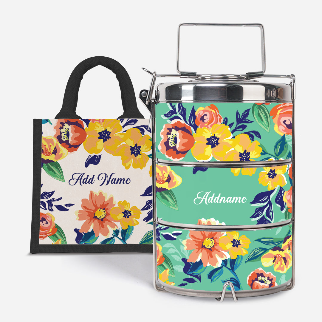 Deborah Series - Teal - Lunch Tote Bag with Three-Tier Tiffin Carrier