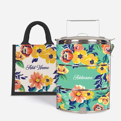 Deborah Series - Teal - Lunch Tote Bag with Three-Tier Tiffin Carrier