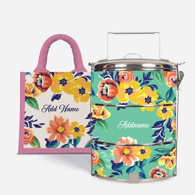 Deborah Series - Teal - Lunch Tote Bag with Three-Tier Tiffin Carrier
