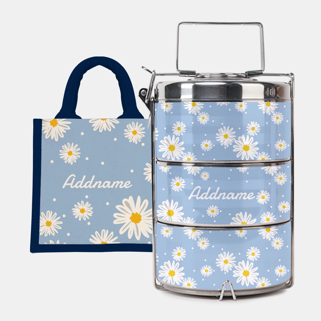 Daisy Series - Frost - Lunch Tote Bag with Three-Tier Tiffin Carrier