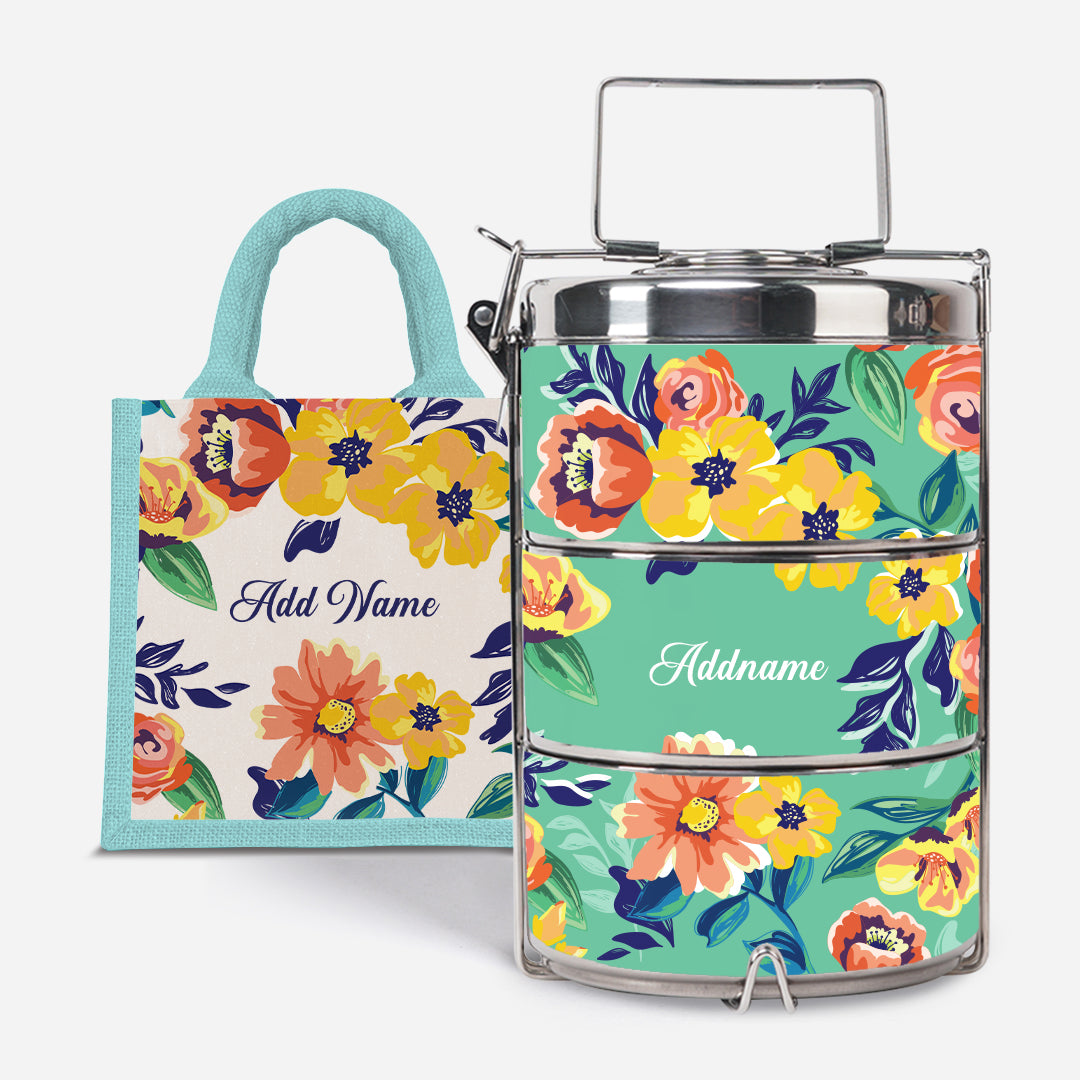 Deborah Series - Teal - Lunch Tote Bag with Three-Tier Tiffin Carrier