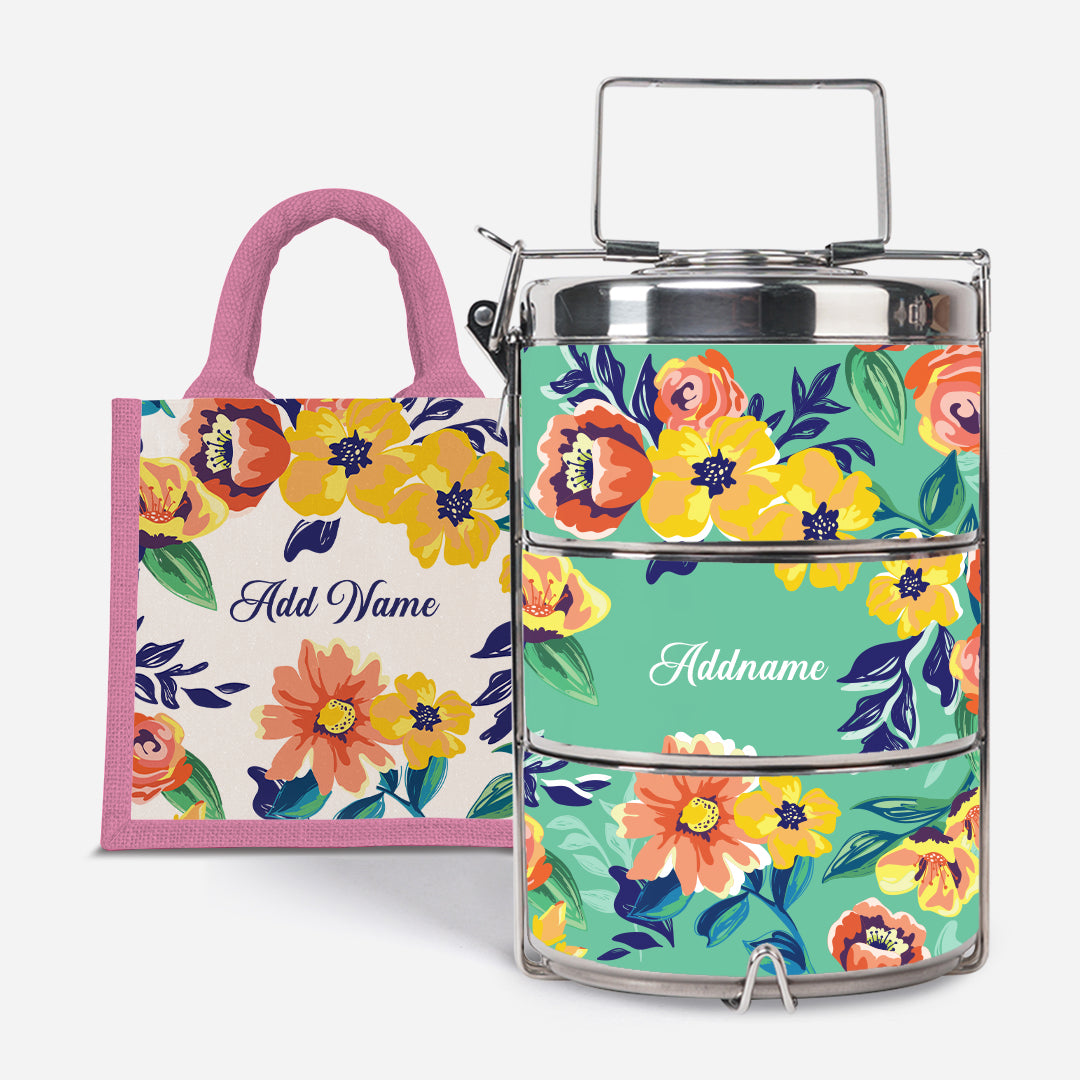 Deborah Series - Teal - Lunch Tote Bag with Three-Tier Tiffin Carrier