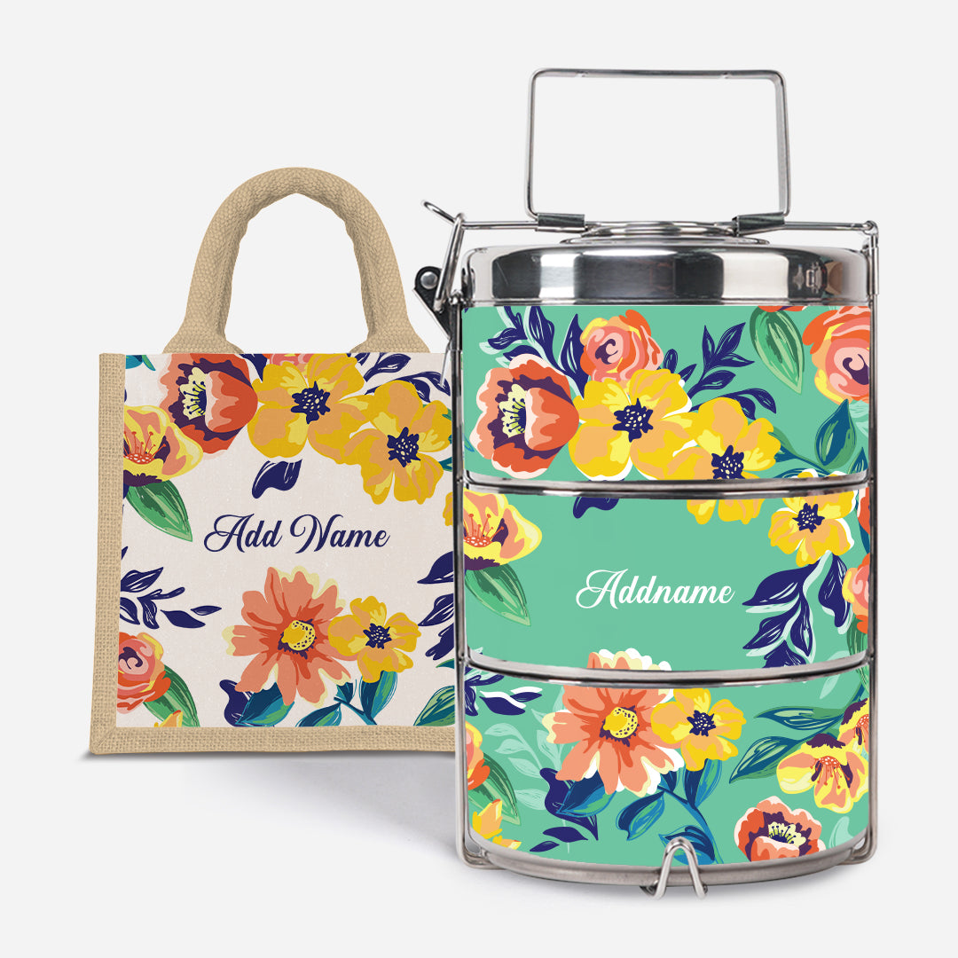 Deborah Series - Teal - Lunch Tote Bag with Three-Tier Tiffin Carrier