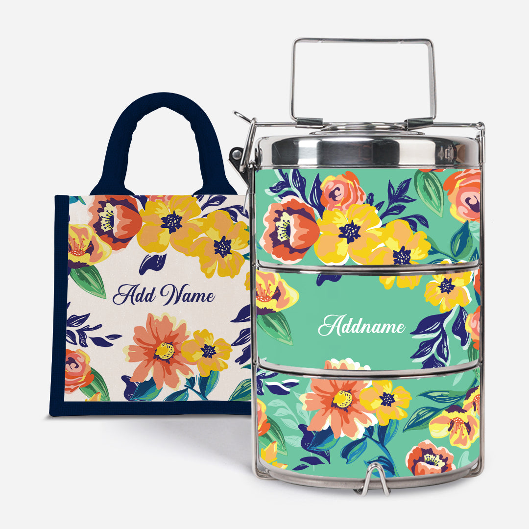 Deborah Series - Teal - Lunch Tote Bag with Three-Tier Tiffin Carrier