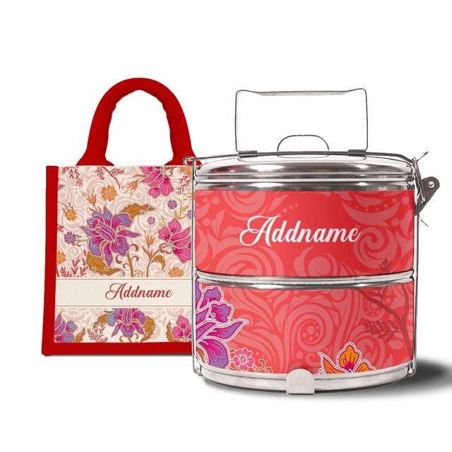 Modern Mahsuri Red - Lunch Tote Bag with Two-Tier Tiffin Carrier