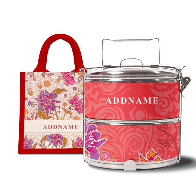 Modern Mahsuri Red - Lunch Tote Bag with Two-Tier Tiffin Carrier