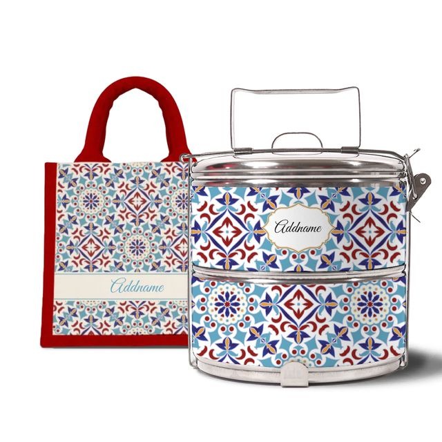 Moroccan Series - Arabesque Agean Blue - Lunch Tote Bag with Two-Tier Tiffin Carrier