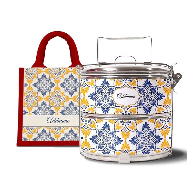 Moroccan Series - Arabesque Butter Blue  - Lunch Tote Bag with Two-Tier Tiffin Carrier