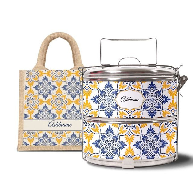 Moroccan Series - Arabesque Butter Blue  - Lunch Tote Bag with Two-Tier Tiffin Carrier