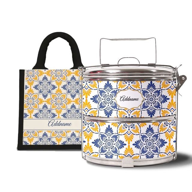 Moroccan Series - Arabesque Butter Blue  - Lunch Tote Bag with Two-Tier Tiffin Carrier