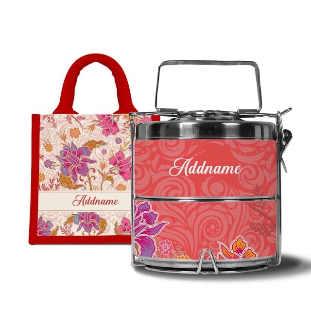 Modern Mahsuri Red - Lunch Tote Bag with Two-Tier Tiffin Carrier