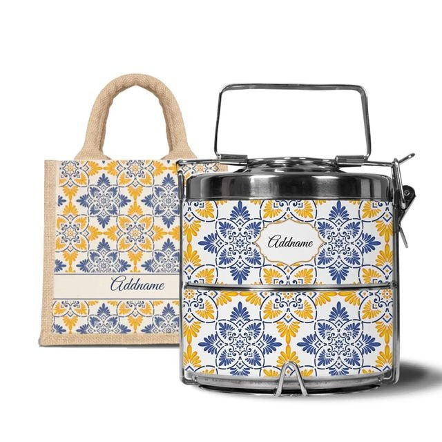 Moroccan Series - Arabesque Butter Blue  - Lunch Tote Bag with Two-Tier Tiffin Carrier