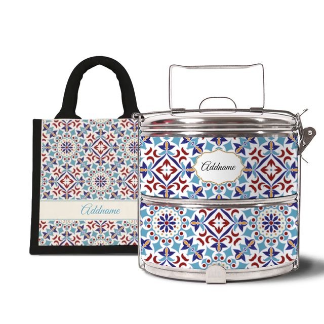 Moroccan Series - Arabesque Agean Blue - Lunch Tote Bag with Two-Tier Tiffin Carrier